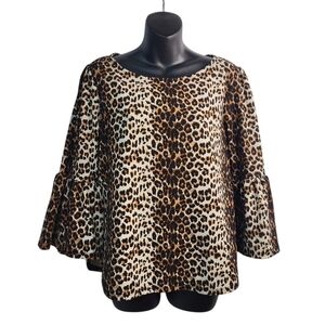 Green Envelope Blouse Women's Black Brown Leopard Print 3/4 Bell Sleeve Sz L